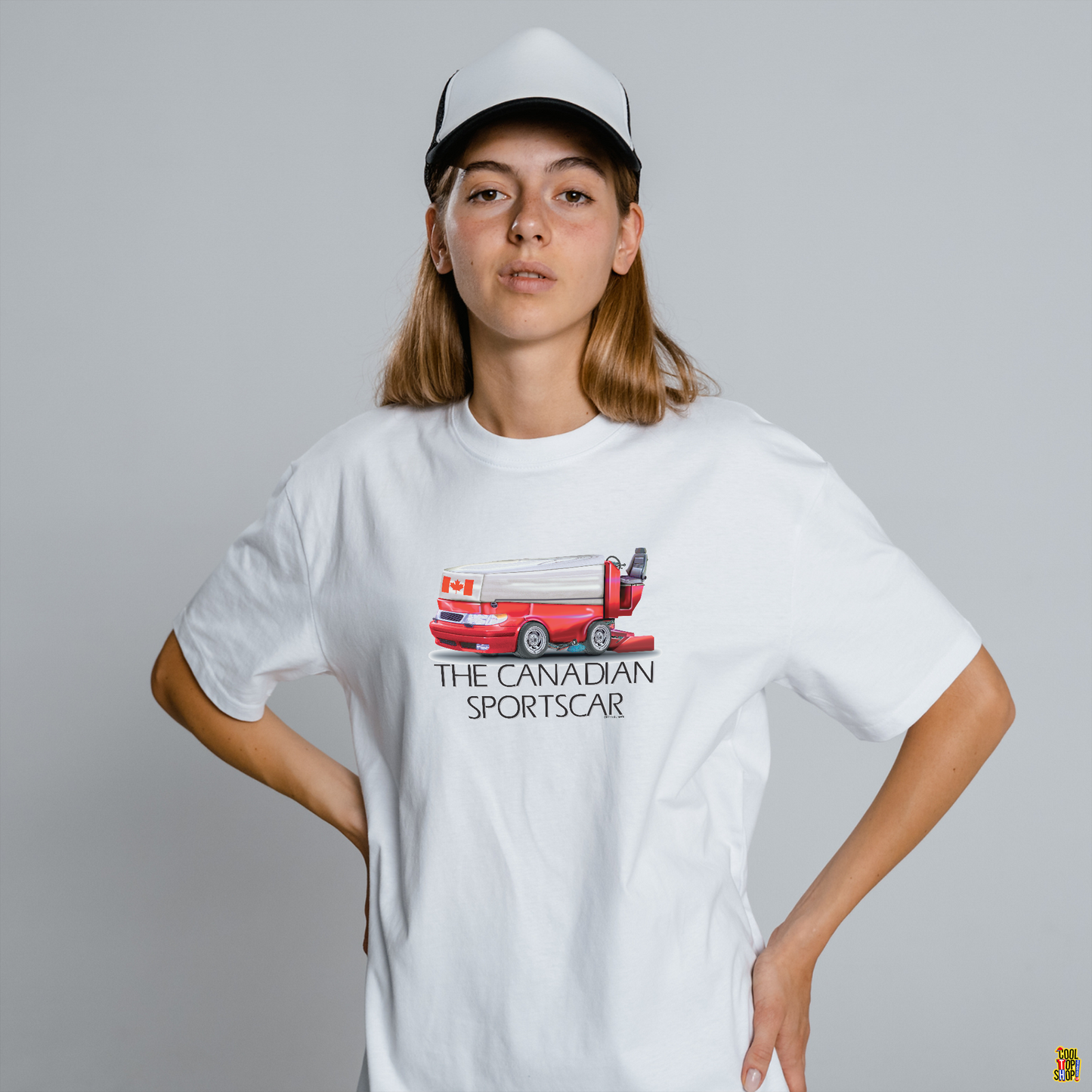 The Canadian Sportscar is an Ice Resurfacing Machine for the Hockey Rink, Fun design, Canada Hockey Parody Tee Shirt Design