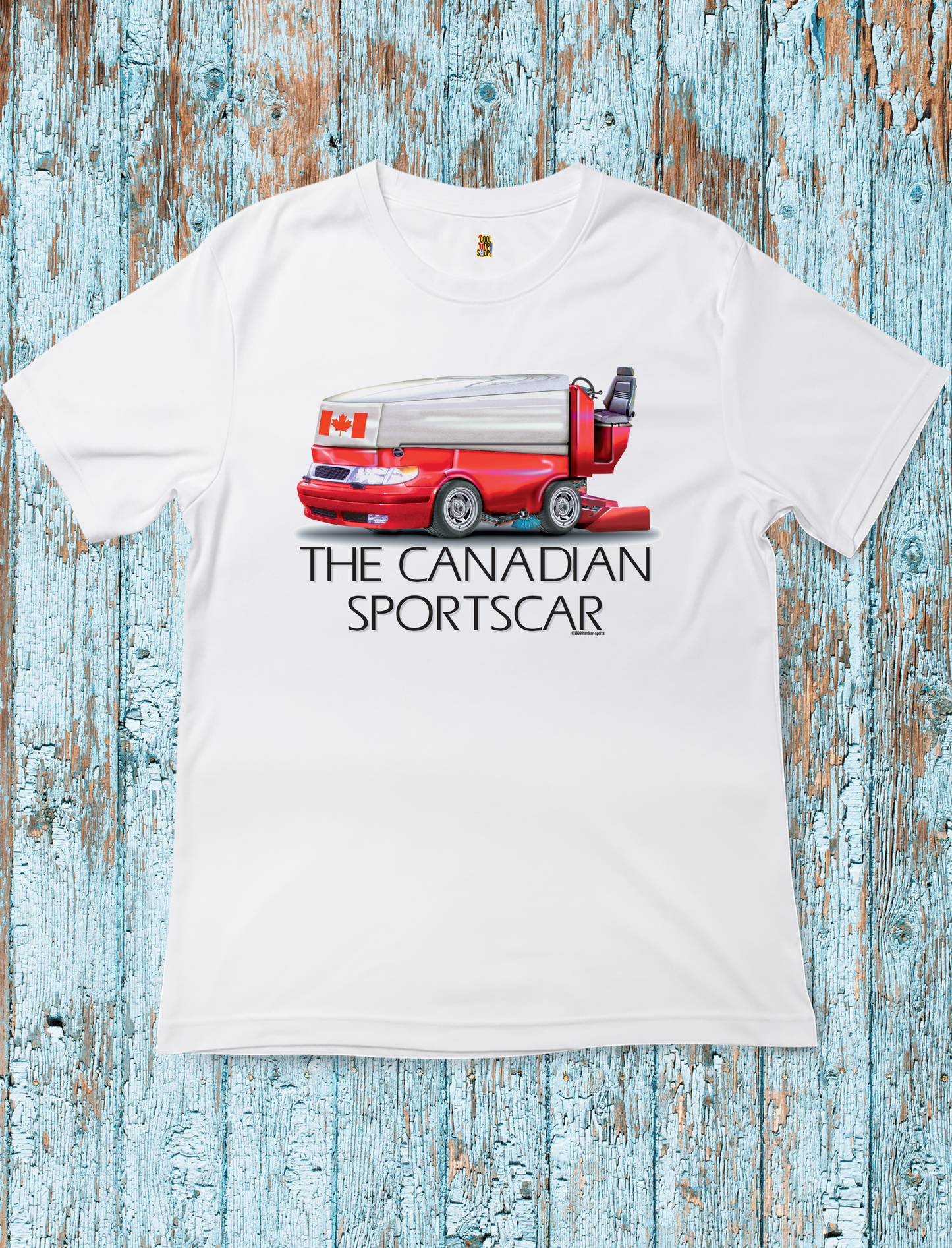 The Canadian Sportscar is an Ice Resurfacing Machine for the Hockey Rink, Fun design, Canada Hockey Parody Tee Shirt Design