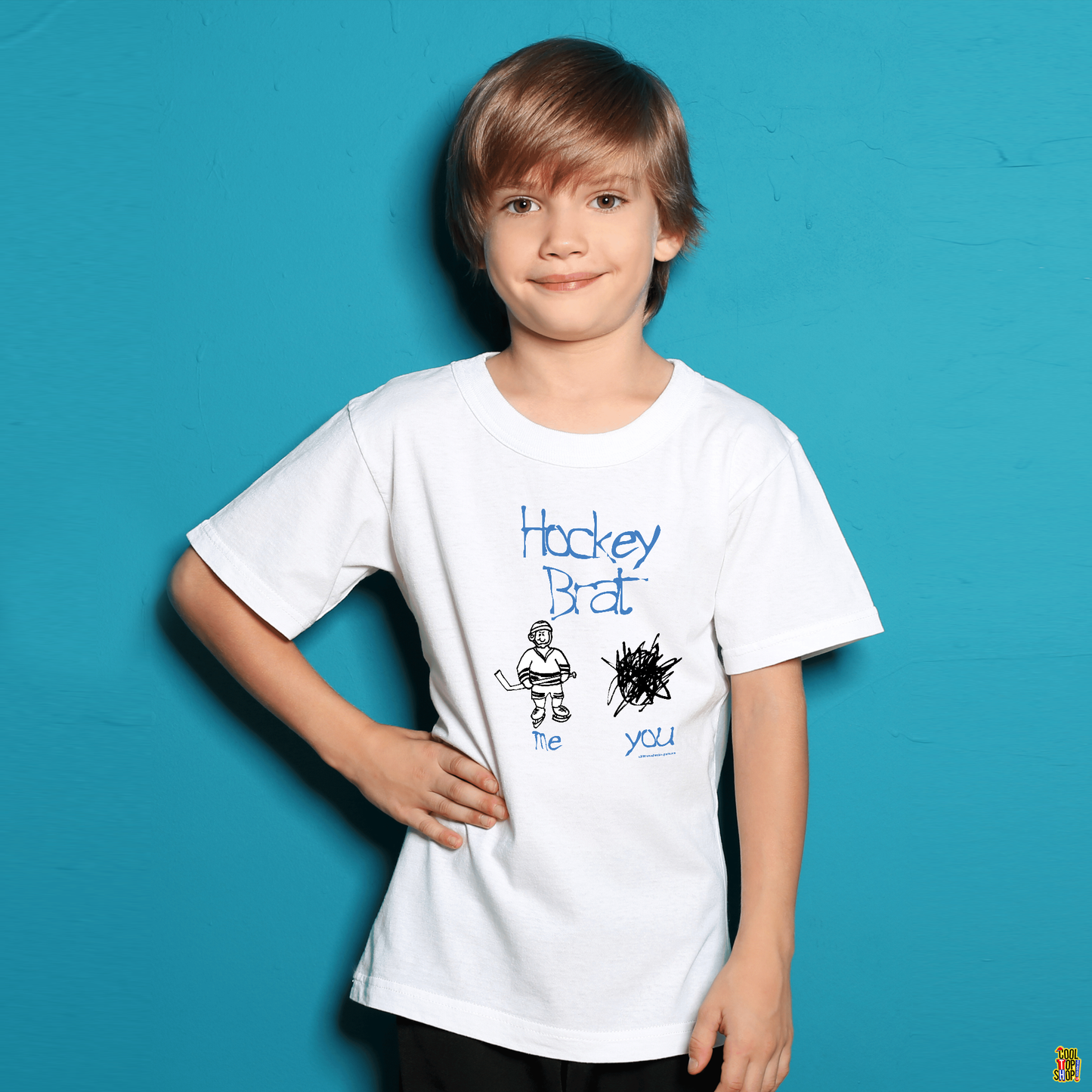 Hockey Brat Kids Hockey T-Shirt, Child Drawing of Youth Hockey Player and Scribble Showing Opponent, Hockey Attitude, Hockey Gift T-Shirt