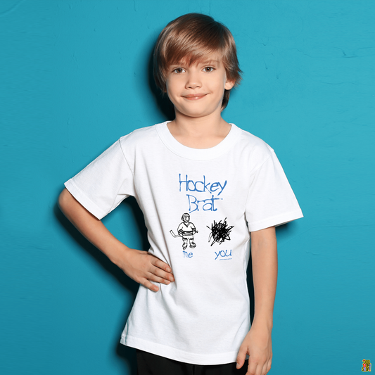 Hockey Brat Kids Hockey T-Shirt, Child Drawing of Youth Hockey Player and Scribble Showing Opponent, Hockey Attitude, Hockey Gift T-Shirt