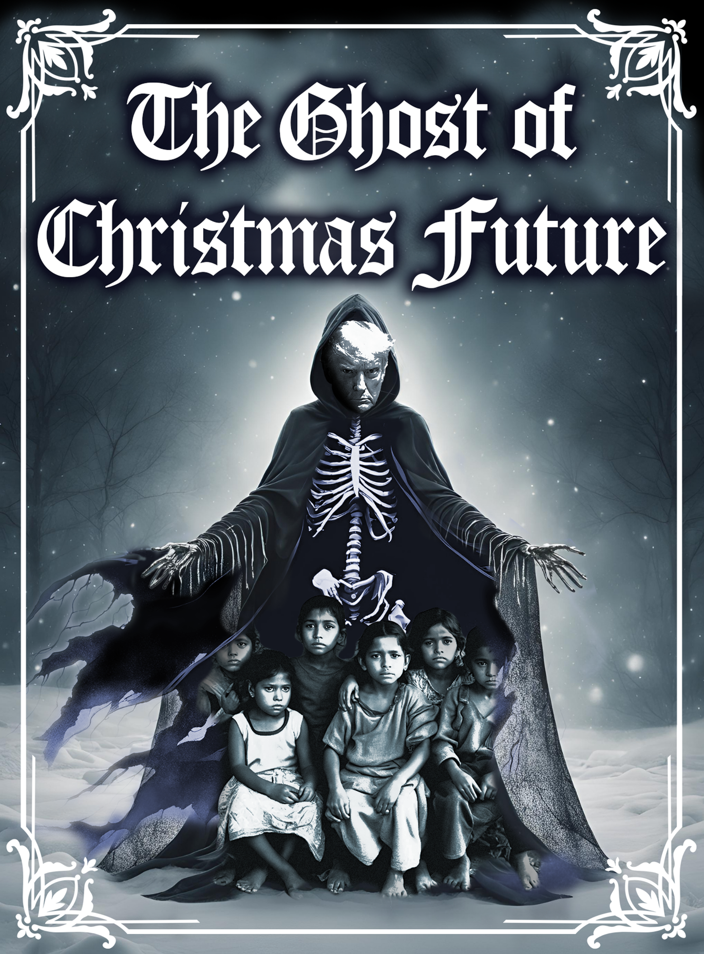 Donald Trump Parody T-Shirt Ghost of Christmas Future, A Christmas Carol Parody, President is Scary Spirt of Things to Come, Deporting Migrant Children, Sad