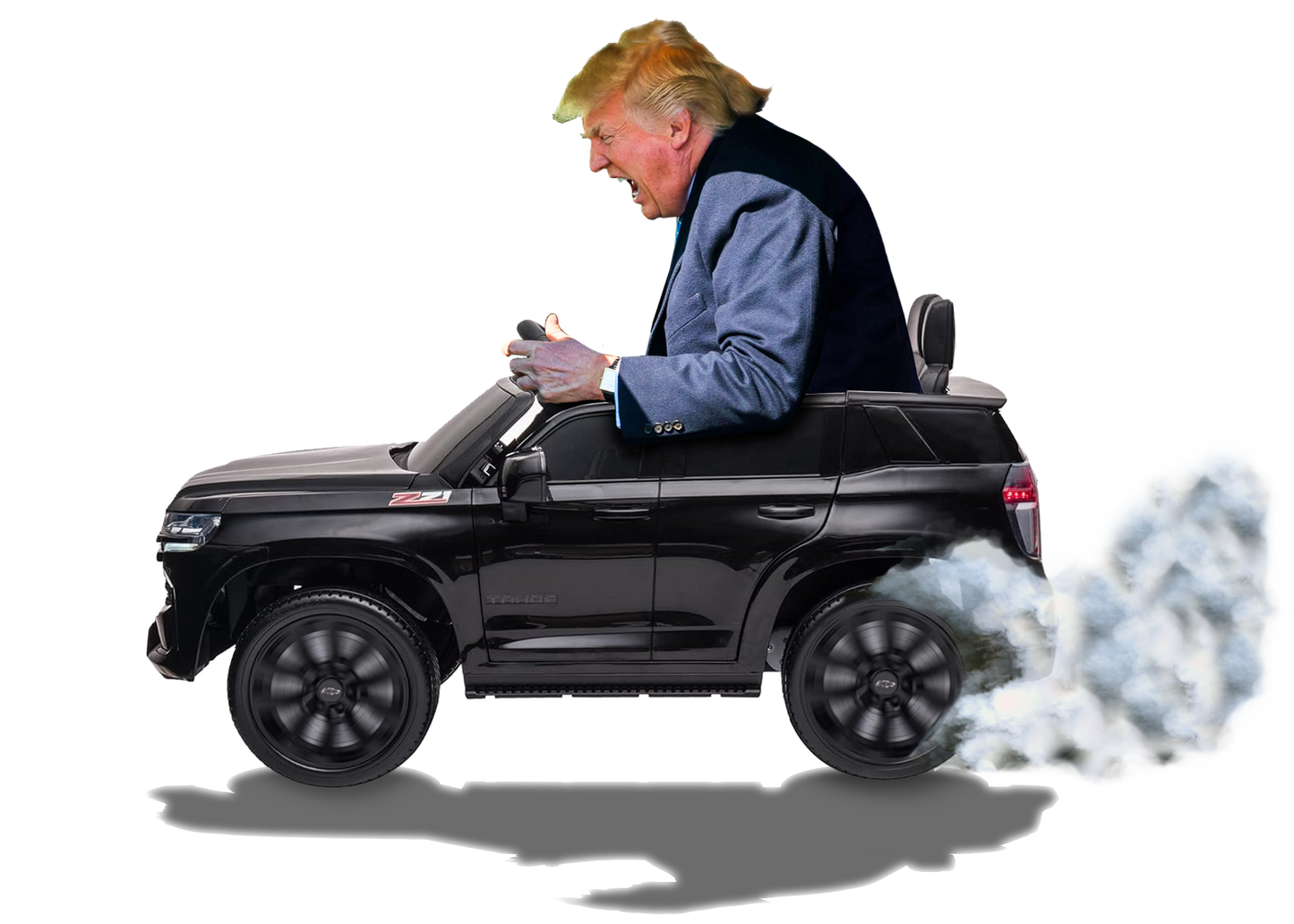 Funny Trump T-Shirt showing Donald Driving a Tiny battery powered toy car, Burning off Tires, Digital Photo Rendering